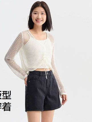 森马针织衫女V领抽绳镂空罩衫纯色短款吊带小性感显瘦上衣#气质女神穿搭 #显高显瘦穿搭 #今年最流行穿搭