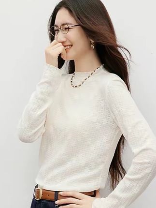 2025秋季女款蕾丝提花木耳边正肩半高领套头上衣#显瘦穿搭 #显瘦#时尚休闲 #高级穿搭 #蕾丝打底衫