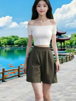 时尚减龄,夏季百搭,冰丝高腰,山本5分短裤#时尚减龄穿搭 ,#冰冰凉凉的夏季薄款百搭短款#