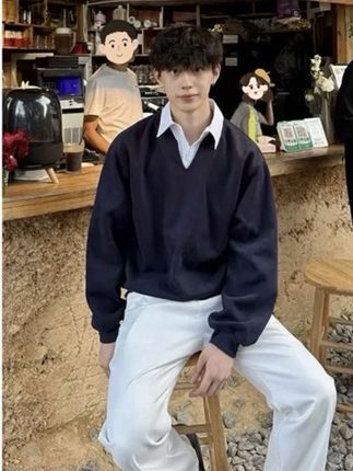 藏青色假两件条纹v领卫衣男秋季cleanfit翻领长袖t恤学院风polo衫#男生穿搭 #潮男穿搭 #春秋穿搭 #假两件卫衣