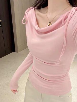 辣妹修身纯欲荡领一字肩打底衫优雅蝴蝶结春秋百搭长袖T恤女#今日穿搭 #小个子穿搭 #上衣穿搭 #梨形身材穿搭 #打底衫显瘦