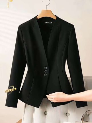 黑色西装女外套春季短款小个子无领小西装修身 v领西服百搭 #初秋一周不重样穿搭 #时尚穿搭 #气质穿搭 #时髦穿搭#外套