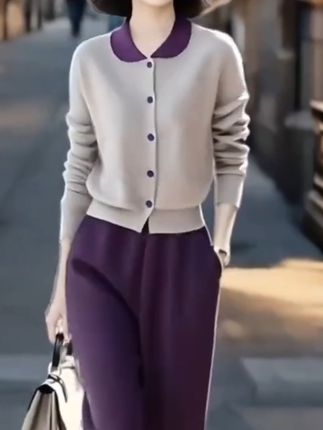 2025春秋新款高级感撞色翻领针织衫时尚休闲气质九分裤两件套女#针织衫 #早秋穿搭 #气质穿搭 #两件套 #穿出高级感