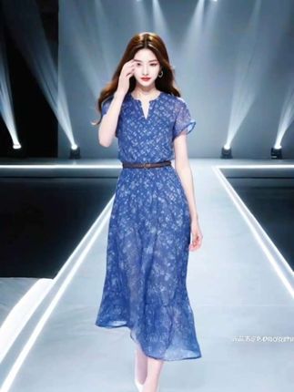【哥弟阿玛施正2025显瘦减龄蓝色,气质轻奢高级感温柔女装,雪纺连衣裙女夏季】#气质连衣裙 #新款时尚女装