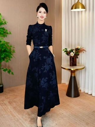 藏蓝色连衣裙女2025秋季新款修身显瘦大摆裙子优雅气质长袖长裙藏蓝色连衣裙女2025秋季新款修身显瘦大摆裙子优雅气质长袖长裙###