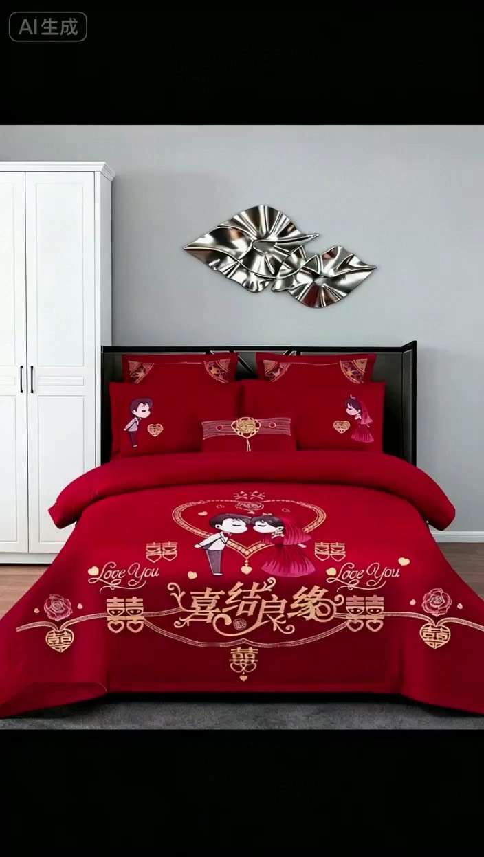 纯棉四件套被套。全棉纯棉婚庆四件套结婚简约国风大红刺绣绣花家纺被套床上用品