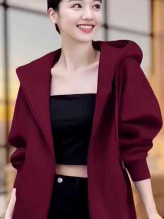 山东即墨卫衣银狐绒连帽开衫外套女百搭新款初春秋季加绒加厚上衣