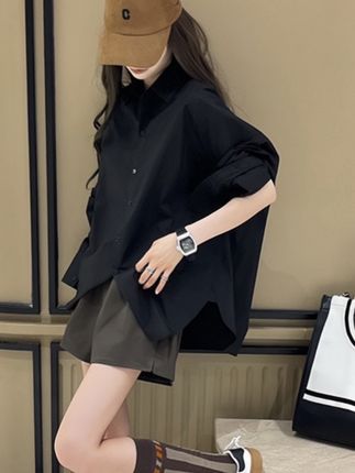 港风气质:/ 黑色长袖衬衫女秋季新款宽松BF风oversize小众上衣外套女#百搭 #衬衫控 #黑色系 #港风衬衫女 #时尚减龄