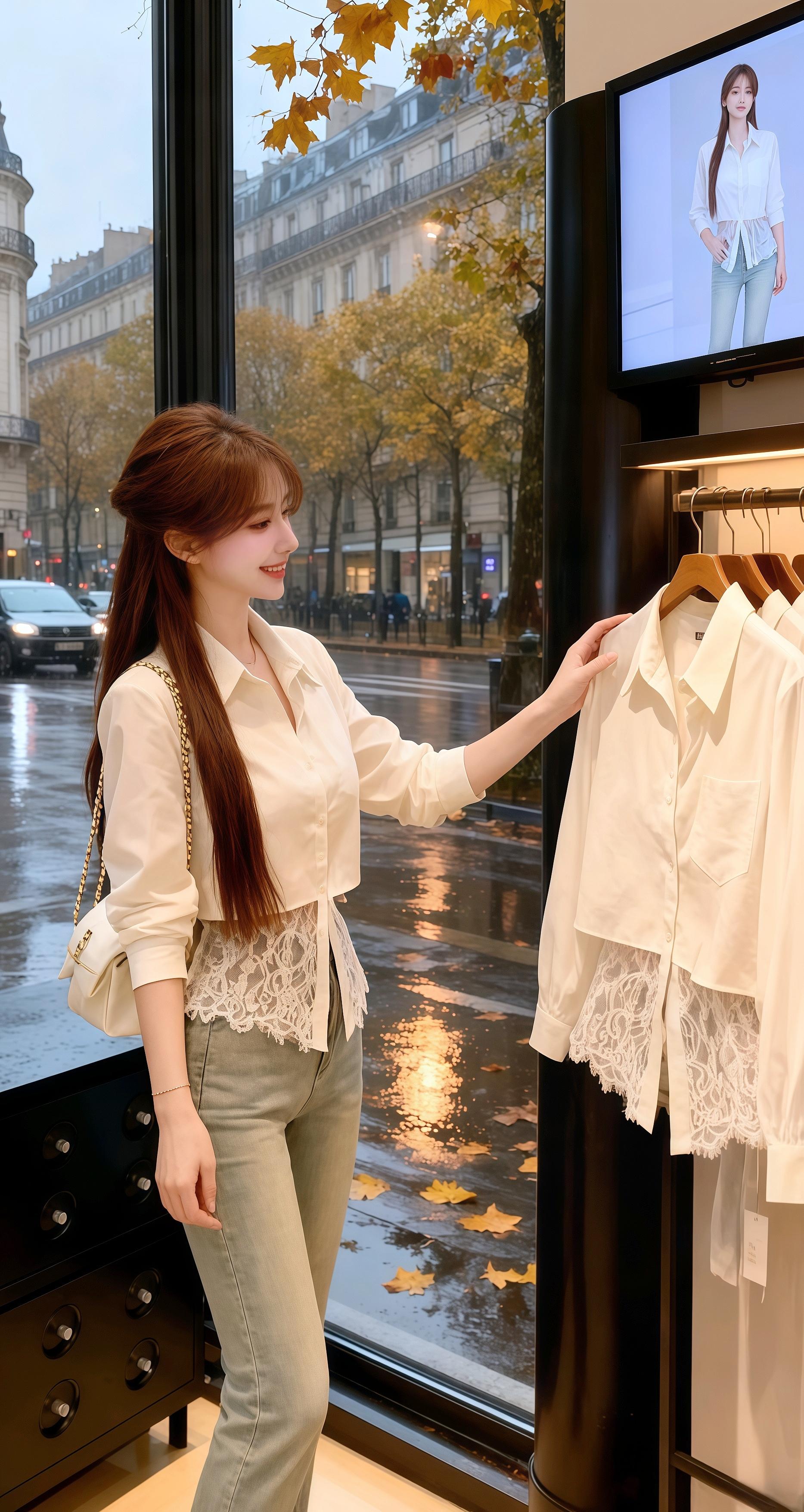 《雨巷里的蕾丝诗章》巴黎雨巷的时装店内,她被一件2025新款法式蕾丝拼接白衬衫吸引。挺括白衫与柔媚蕾丝的碰撞,收腰绑带将身形衬得玲珑。试穿时,她坐在钢琴前,衣摆的蕾丝随琴音轻颤;抱过店内白猫,别致的拼接设计让她在优雅与个性间自如切换。这件小众上衣,如为她量身定制的诗章,在秋雨天的浪漫里,写就独属于她的气质韵脚。#韩系穿搭 #高级感穿搭 #显瘦穿搭 #通勤搭配 #早秋黑白灰穿搭测评