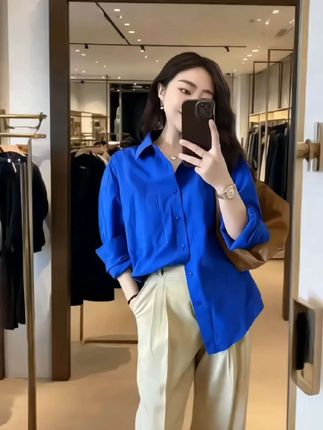 #克莱因蓝衬衫 #气质女神穿搭 #时尚气质穿搭 #高级感穿搭 #休闲减龄穿搭