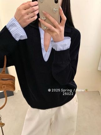 韩式条纹 拼接假两件长袖针织衫女秋冬新款设计感宽松显瘦V领上衣#女装 #今日穿搭 #高级感穿搭 #显瘦搭配 #温柔穿搭