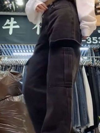 格洛森秋季新款时尚设计宽松百搭高腰窄版修身显瘦直筒牛仔工装裤#工装牛仔裤#修身显瘦#时尚洋气