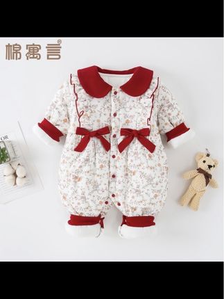 婴儿冬季连体衣可爱翻领蝴蝶结宝宝棉衣哈衣夹棉保暖防寒棉服外穿#宝宝连体衣#宝宝哈衣