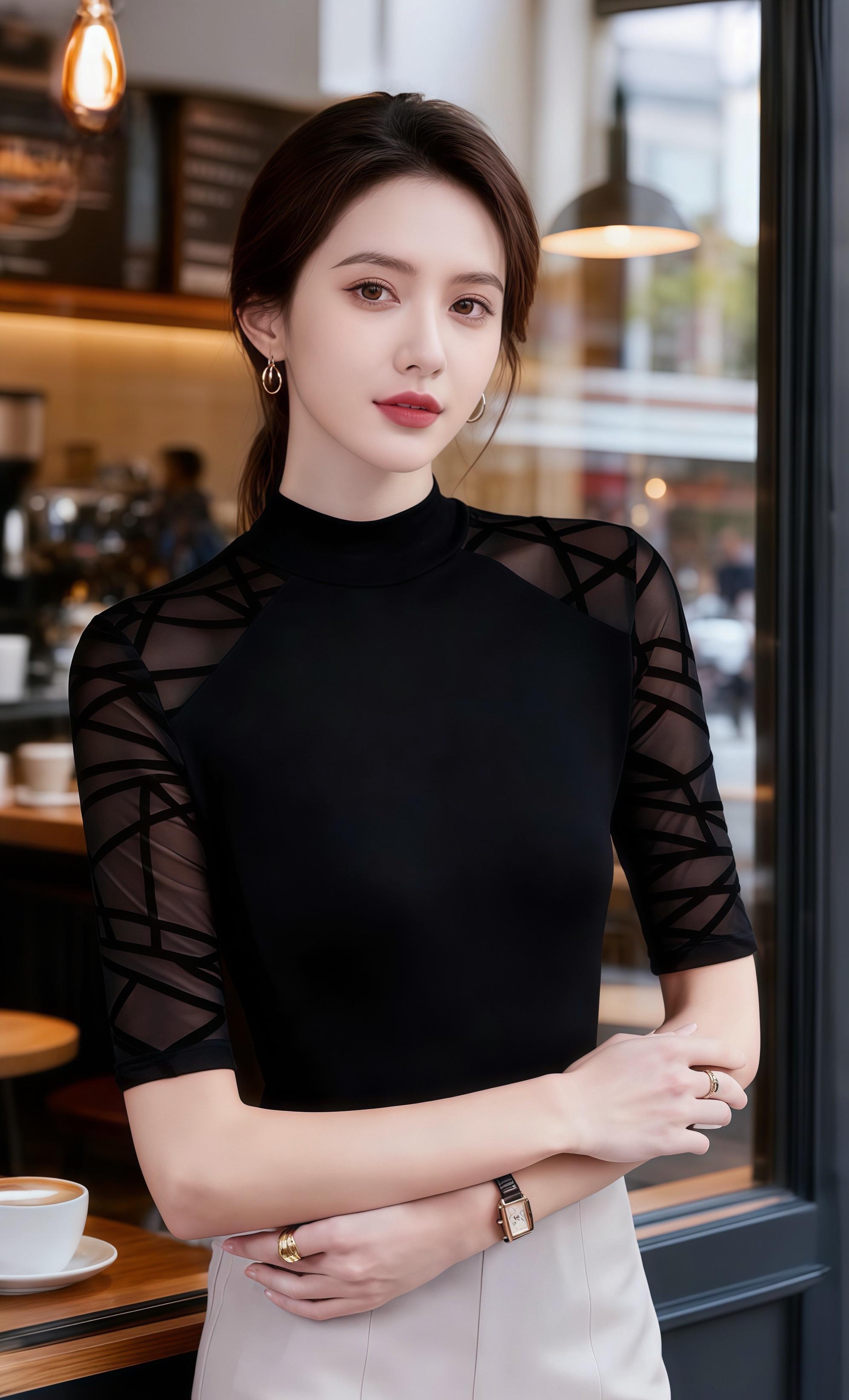 在高级感咖啡店的橱窗外,黑色网纱拼接上衣,以几何纹路的透视设计,在简约中暗藏精致巧思,半高领版型衬出优雅颈线;米白色下装柔和质感,与上衣形成经典黑白配。金属圆环耳饰、复古腕表与戒指,每一处配饰都为造型注入细节感。 暖黄的咖啡灯光晕染着店内的醇香,窗外街景朦胧成背景。她或从容伫立,双臂交叠间尽展干练姿态;那抹红唇与浅笑,又为整体增添了几分柔韵。这般穿搭,将职场的专业与日常的雅致完美糅合,在咖啡香气与时尚氛围的交织里,演绎出都市女性独有的穿搭哲学——于细节处见品味,在风格中显态度。#显瘦穿搭 #内搭外穿都好看 #修身显瘦 #面料柔软舒适 #气质穿搭