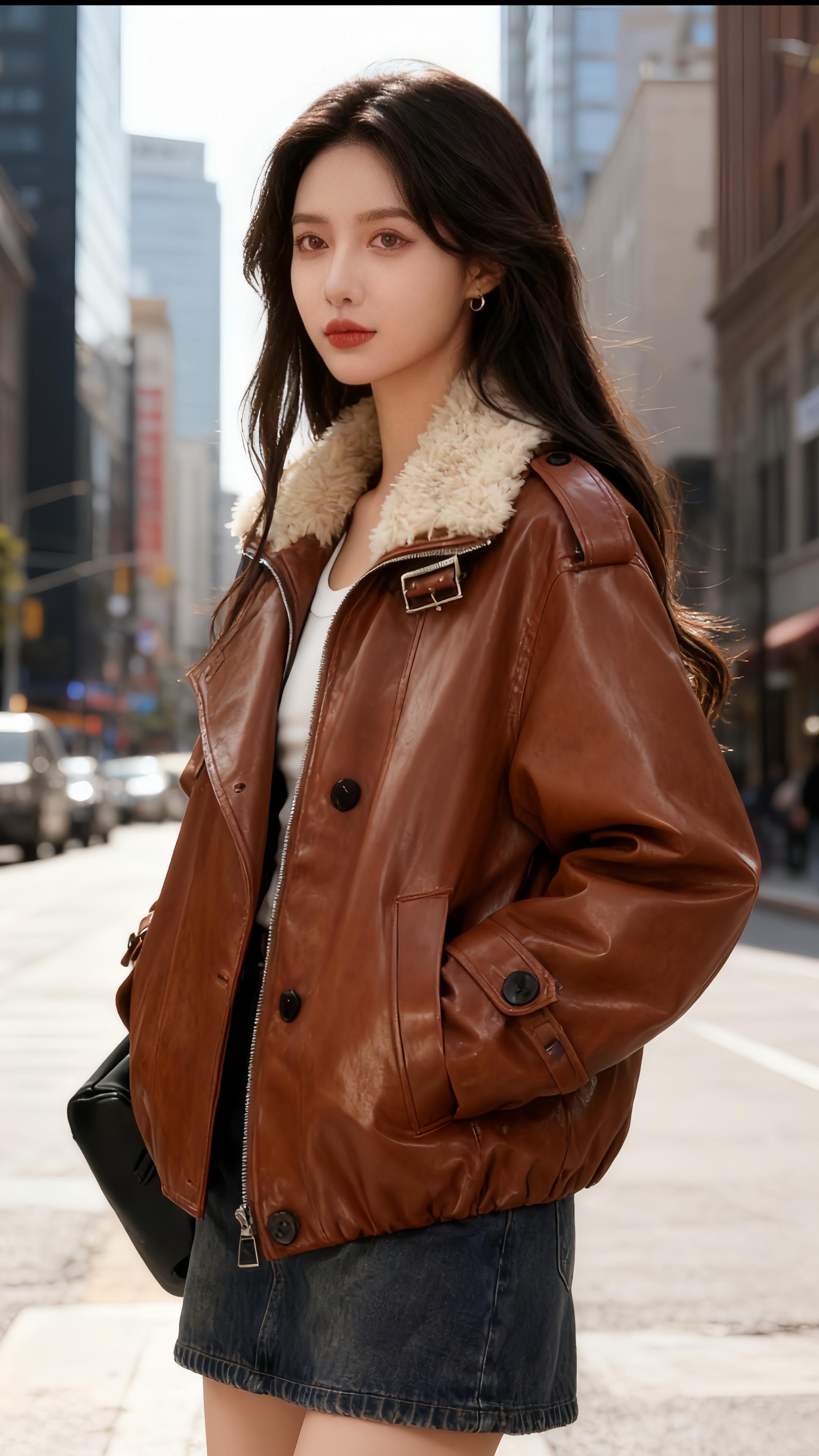#图文伙伴计划 YAYA/鸭鸭皮衣羽绒服女冬季时尚复古百搭拼接毛领加绒机车服外套。#羽绒服#机车夹克#时尚百搭#冬季新款