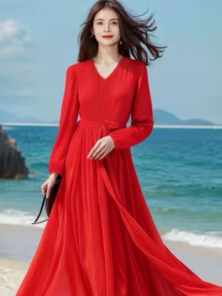 #优雅女神气质穿搭 #优雅气质女装 #显瘦显高显气质 #红色连衣裙 #度假风连衣裙
