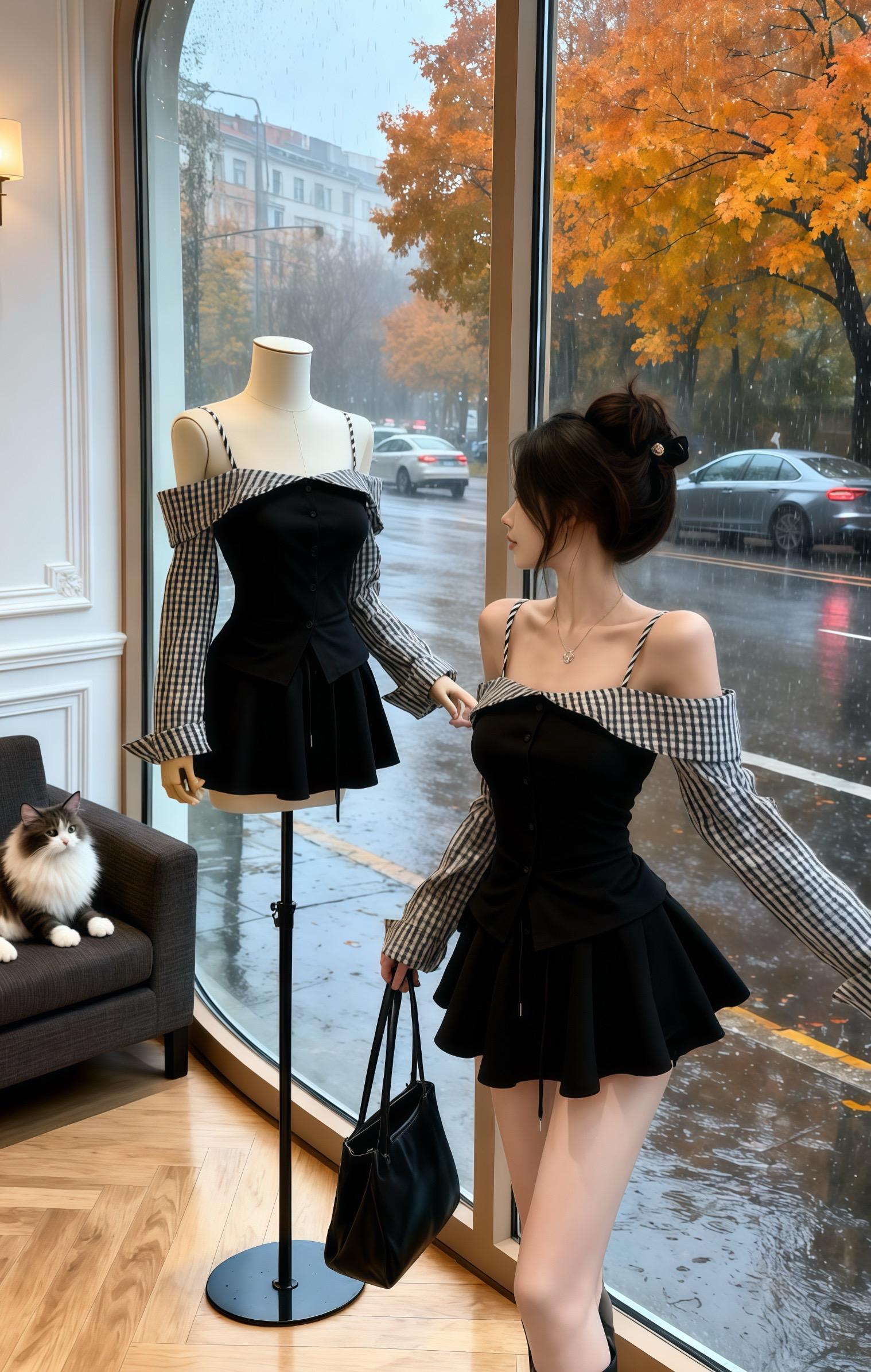 秋日密语|当格纹掠过雨夜的猫尾巴。「你看,连猫咪都在嫉妒这件衣服的触感呢。」他轻抚沙发上的三花猫,目光却黏在她露肩处格纹与黑色面料的拼接线上。 她转身对着穿同款套装的人体模特轻笑:「2025秋季限定款哦,假两件设计比真两件更贴合呢。」雨滴在弧形落地窗上划出斜线,窗外出租车尾灯把COFFEE OFF招牌染成暖黄色。 「知道最致命的设计吗?」他突然伸手虚触玻璃上的雨痕,「是用格纹伪装学院派,却用露肩剪裁完成性感狙击——像突然从咖啡杯里漫出的威士忌香。」 当猫尾巴扫过她搭在模特腰间的指尖,整个秋夜的心动都封印在雨声与猫呼噜编织的暧昧结界里。 #约会穿搭 #辣妹穿搭 #晒晒我的秋日穿搭 #国庆staycation安排上了 #早秋穿搭三分钟出门不是梦