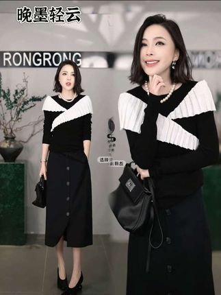 溶溶【晚墨轻云】RONGRONG绵羊毛山羊绒混纺撞色设计针织衫#优雅气质 #高级感穿搭 #气质范 #时尚搭配 #溶溶RONGRONG