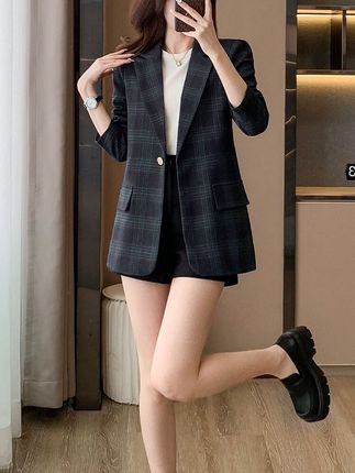 格子小西装外套女款春秋高级感撞色韩版小个子英伦风修身正肩西服