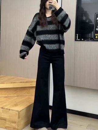 复古蓝秋季新款牛仔裤百搭宽松弹力垂感高腰阔腿喇叭裤时尚女#显高显瘦显腿长 #百搭显瘦 #遮肉显瘦穿搭 #显瘦直筒裤 #休闲裤