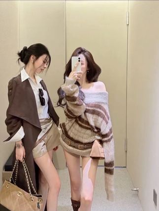 一字肩翻领毛衣条纹针织衫女秋季马海毛慵懒穿搭修身长袖上衣0566#御姐风穿搭 #气质御姐 #韩式穿搭 #显瘦搭配 #辣妹穿搭