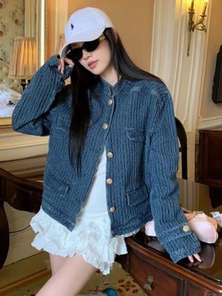 老钱调肌理感牛仔小香风外套2025女秋季新款蓝色立领短款夹克上衣#女装 #今日穿搭 #舒适穿搭 #女款休闲服 #黄色短袖t恤女款