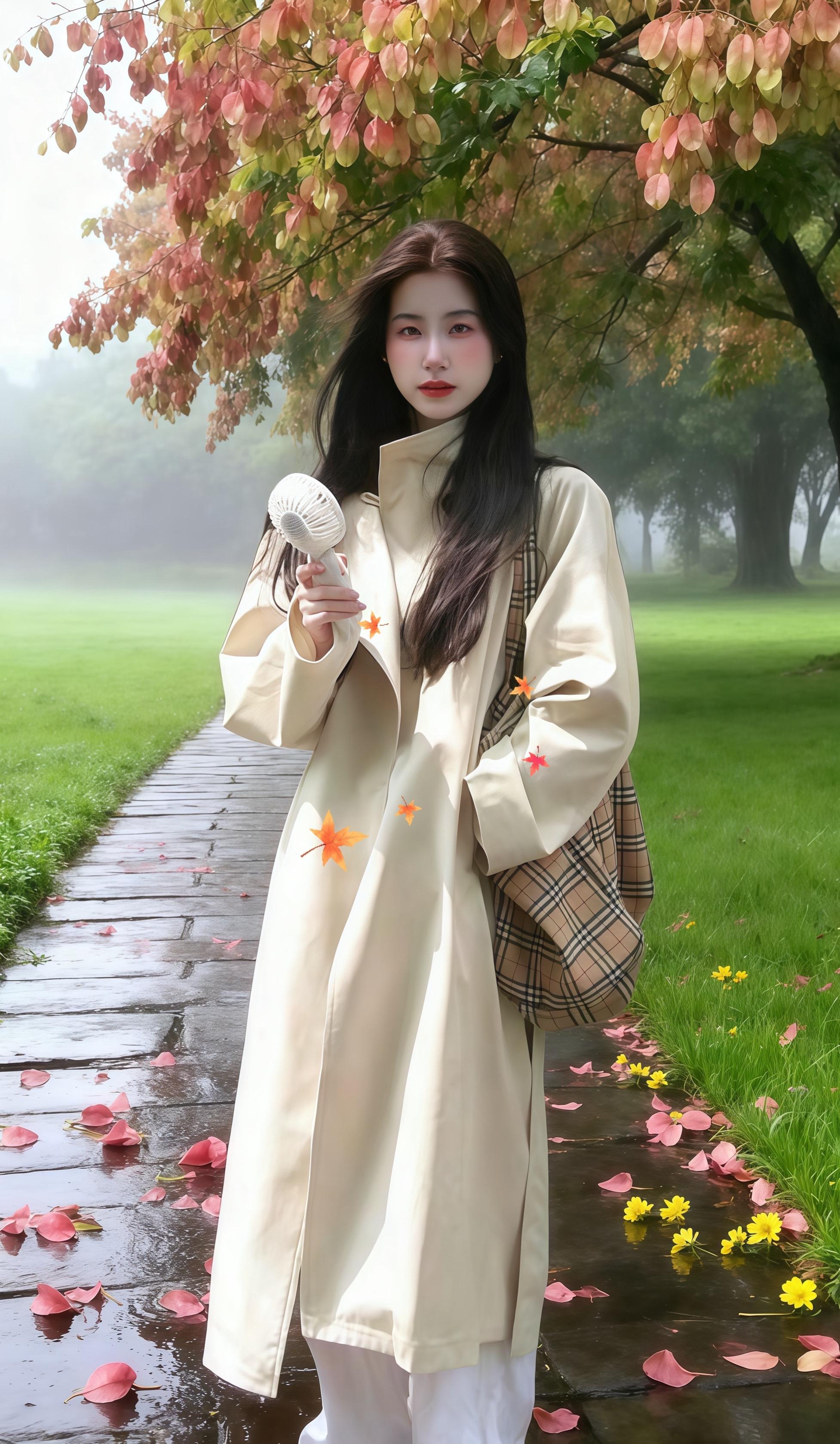 #时尚气质穿搭 雨轻柔地洒在石板小径上。她穿着米白色风衣,立在栾树下。风衣垂坠感十足,腰带随意一系,便衬出洒脱的轮廓,袖口的褶皱设计,让雨水落下时,似有涟漪轻漾。 她背着格纹大包,手里把玩着小风扇,发丝被雨润得微湿,却丝毫不影响她的悠然。脚下,粉色花瓣与黄色小花在水洼里漂浮,像是大自然为她的穿搭铺就...#遮肉显瘦穿搭#风衣#早秋高智感职场穿搭#初秋一周不重样穿搭