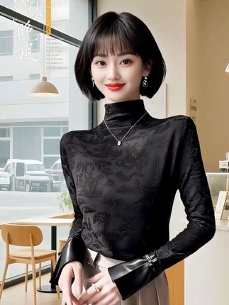 新中式半高领黑色打底衫2024新款女秋冬国风长袖T恤内搭上衣洋气#时尚百搭#洋气减龄#内搭外穿都好看春秋穿搭#