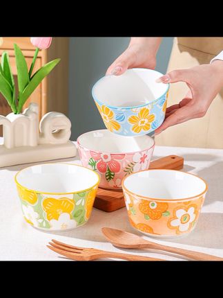 4色装花漾时光碗盘瓷高颜值碗家用吃饭加釉下彩防烫新款餐具#碗盘 #陶瓷碗盘 #家用碗#餐具碗#碗盘推荐