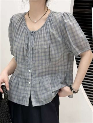 「蓝格子 法式小衫」亲肤透气100%棉 夏季薄款系带短袖衬衫女S092#夏季薄款 #格子衬衫