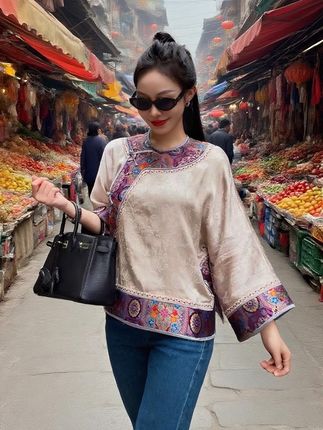 这套新中式套装,上衣以浅米色提花面料为底,融入斜襟、彩色刺绣镶边设计,七分袖增添随意感,复古韵味与精致工艺兼具;搭配经典蓝色牛仔裤,手提黑色简约皮包,在古街市烟火氛围中,碰撞出传统与现代融合的时尚火花,展现独特东方美学 。#时尚简约穿搭