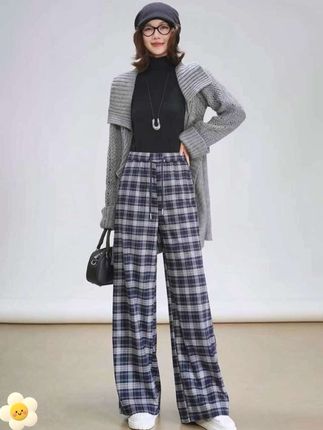 正品2025秋季新款时尚格子窄版阔腿裤女垂坠感直筒休闲裤显瘦 #面料柔软舒适 #显高显瘦显腿长 #高级感穿搭 #秋季新款#直筒休闲