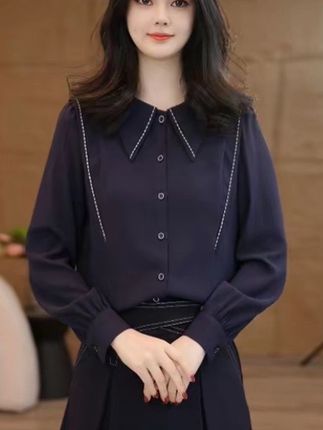 曼贝衬衫女士高级显瘦藏青色气质衬衣#女装 #高级感穿搭 #气质美女穿搭 #单依纯经典歌曲 #气质感穿搭