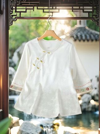 夏季国风提花上衣圆领斜襟盘扣衬衣#面料舒适透气 #谁穿谁好看 #夏季新品