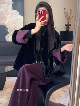 新中式国风高级感丝绒提花两面穿长袖外套+阔腿裤套装#新中式穿搭 #森系少女感穿搭 #今天穿什么 #新中式和国庆有多配 #国风正当红