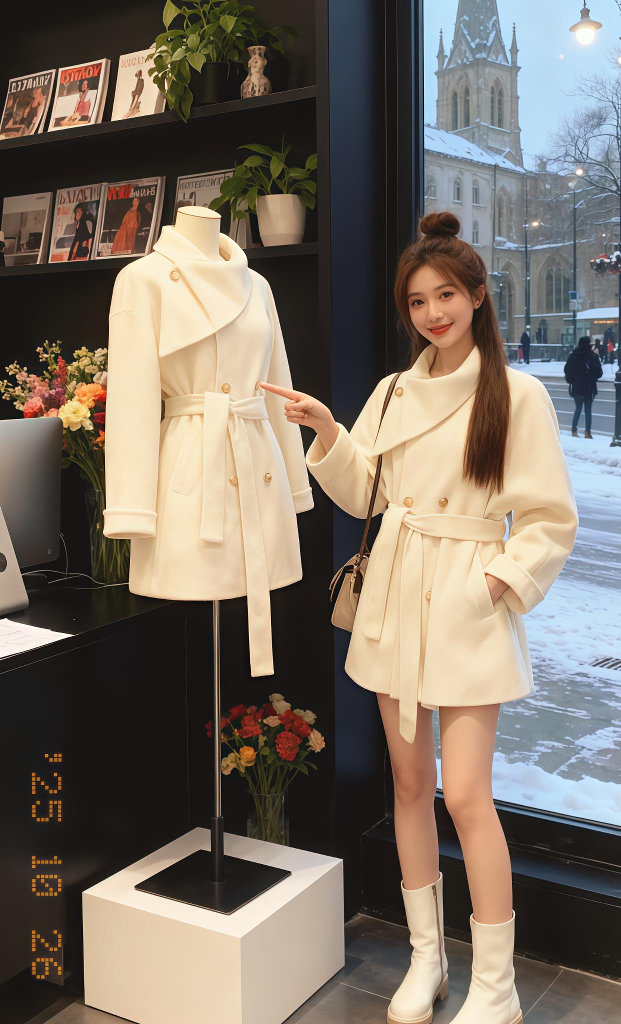 《暖冬白大衣的约定》 许妍指尖点在模特的白色大衣纽扣上,面料的柔软触感让她想起林屿。窗外雪覆街景,教堂尖顶的白,像极了他给的温柔。 这件大衣是他为她选的。上周雪天,他在店外呵着白气笑:“妍妍,穿上它,这个冬天就由我来温暖你。” 书架上的时尚杂志静静陈列,许妍望着窗外的落雪。她知道,等店门被推开时,那个穿深灰大衣的身影,会带着清冽的雪气,递给她一杯热可可:“我的女孩,这件大衣,和你一样好看。”#天冷了记得穿得毛绒绒 #高级感穿搭 #小个子显高显瘦穿搭 #大衣穿搭 @DOU+上热门 @DOU+小助手