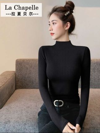 拉夏贝尔半高领黑色打底衫T恤轻奢小众高级感春秋套头衫内搭长袖#打底衫#气质百搭#春秋款#半高领打底衫#修身显瘦