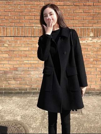 女士秋季气质双面羊毛大衣 中长款修身显瘦黑色羊毛呢外套 #毛呢外套