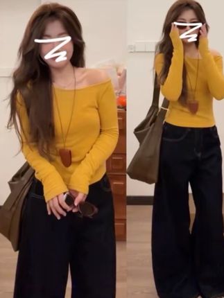 CST纯欲辣妹风一字肩上衣女早春韩系chic别致漂亮性感露肩长袖t恤#女装 #面料柔软舒适 #好物推荐🔥 #女装服饰 #不起球不勾丝