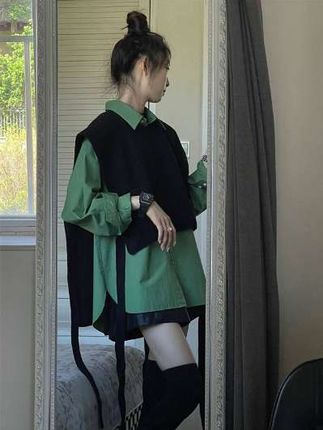 新款不对称前短后长针织披肩+绿衬衣春秋休闲叠穿两件套女#时尚休闲减龄套装 #夏季清凉感不能少了衬衫 #秋季上新#