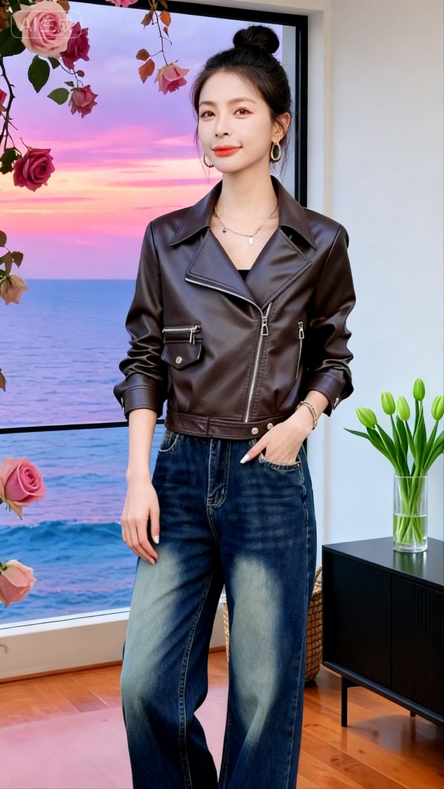 心情美美哒!欧尼莲短款皮衣外套女2025春季新款机车小个子美拉德爆款皮夹克#冬装新款