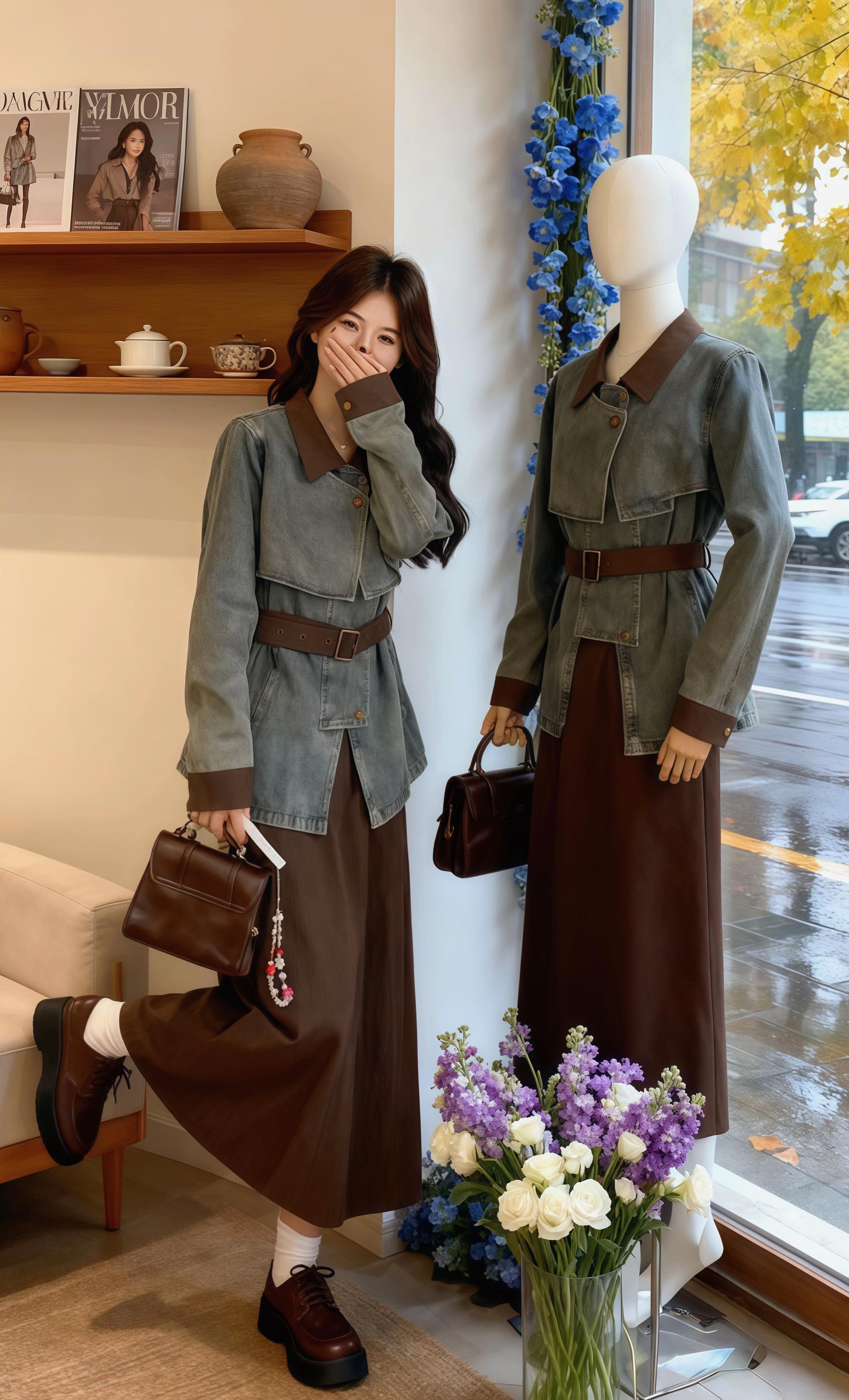 她在复古风服饰店,与同款穿搭的模特撞了个满怀。手捂嘴的瞬间,笑意从指缝溢出。棕色长裙配做旧牛仔外套,脚踩厚底皮鞋,手里的棕色包包晃着珠链。窗外秋雨打湿街道,店内蓝花、紫玫与暖棕家具相映成趣。她像闯入穿搭童话的主角,在满室雅致里,与另一个“自己”对望,每一处细节都写着对复古美学的偏爱,这一刻,穿搭成了最温柔的共鸣,把秋的诗意与衣的韵味,织进了这方小天地的故事里。#高级感穿搭 #慵懒风穿搭 #韩系穿搭 #时尚套装 #通勤搭配 @DOU+上热门 @抖加🔥上热门🔥dou+🔥热点宝
