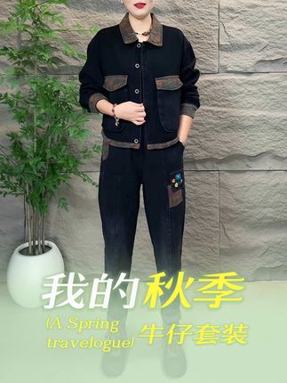 复古时尚刺绣牛仔套装女2025春季新款大码洋气翻领外套减齢两件套#牛仔套装 #大码女装 #洋气上档次 #早秋通勤穿搭 #小个子秋冬穿搭