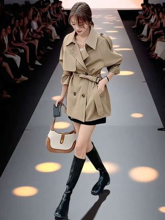 卡其色小个子短款风衣外套女2025春装新款法式宽松休闲英伦风大衣#时尚女装#时尚穿搭#风衣