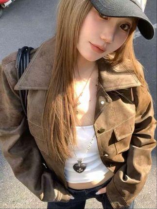 番茄妹妹Tomatosister春款2025翻领皮衣外套复古休闲机车夹克女#夹克外套 #女装 #秋季穿搭 #翻领皮衣外套