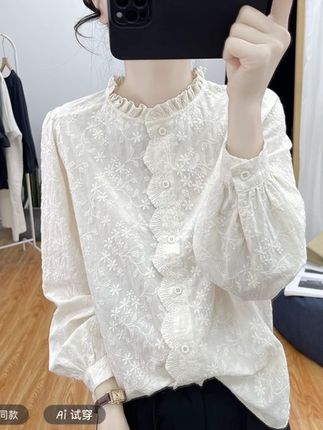 2025春秋季新款衬衣韩版棉质花边领蕾丝刺绣长袖衬衫女高品质上衣#爆款热卖中 #好物推荐🔥 #超便宜超划算 #谁穿谁好看#衬衫