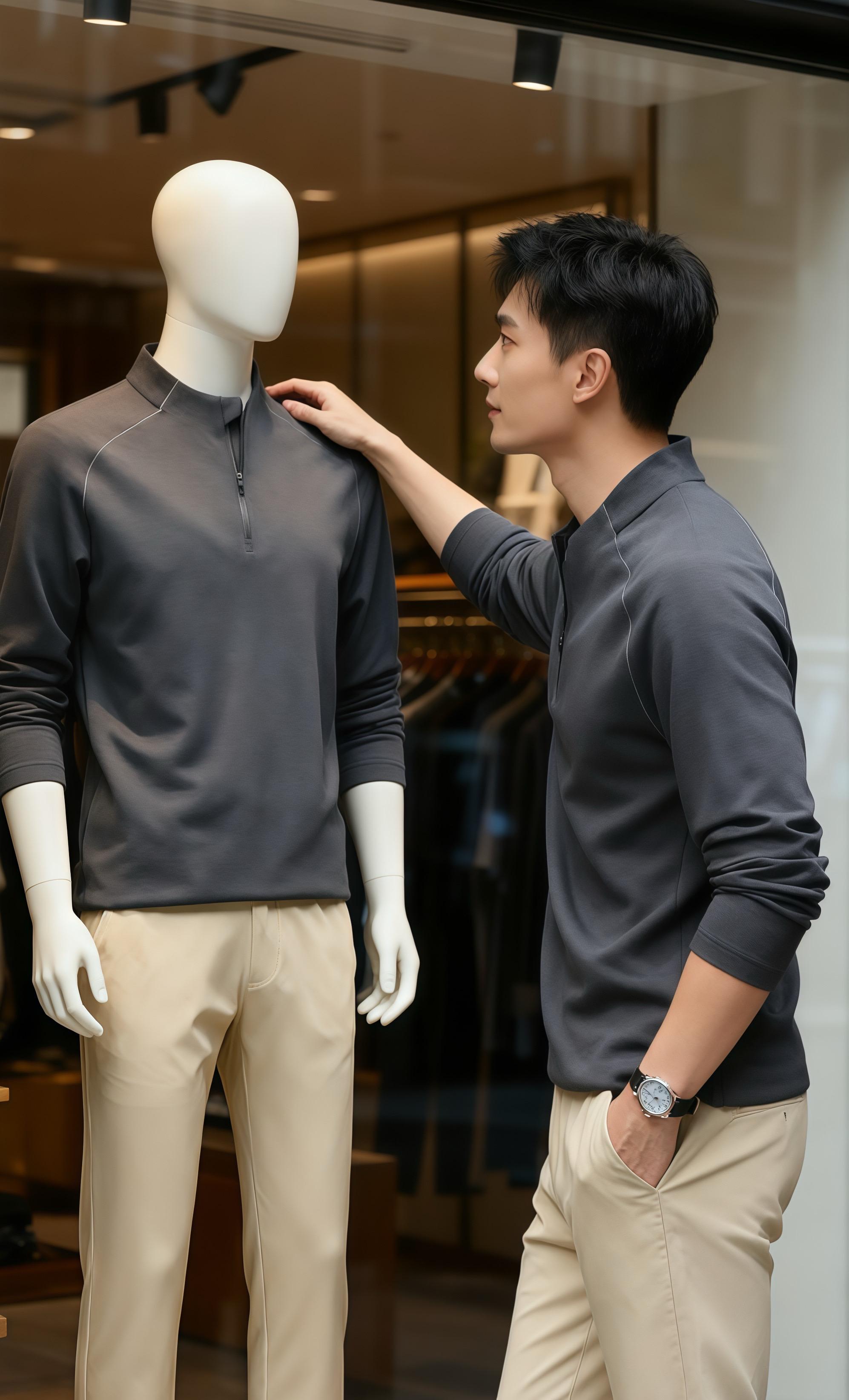 在“雅绅”男装高定空间,这件深灰半拉链上衣是低调品位的注脚。 它选用的是瑞士精工针织面料,触感如云绒般细腻,却有着挺括的筋骨。半拉链设计暗藏巧思,拉合间是利落的都市型格,敞开时又添几分随性雅致。衣身的明线勾勒,似是设计师的亲笔签名,在简约中刻下精致细节。 当它与质感腕表、米色休闲裤相搭,于暖光木质空间里,每一寸布料都在诉说:高级感从不是浮夸的堆砌,而是将工艺藏进日常,让每一次穿搭都成为不动声色的品位宣言。#品质男装 #简约大气 #品位男士 #时尚男装 #商务休闲