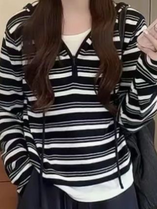 90-170斤大码时尚舒适显瘦宽松套头半拉链连帽假两件条纹针织衫#好物推荐🔥