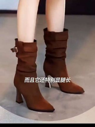 高跟堆堆靴女2025冬季弹力尖头粗跟中筒靴#夏季穿搭 #夏天穿搭 #高跟靴