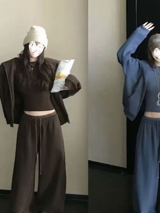 早秋松弛慵懒纯色外套+修身显瘦打底衫+宽松阔腿裤套装 60022#百搭#显瘦#套装